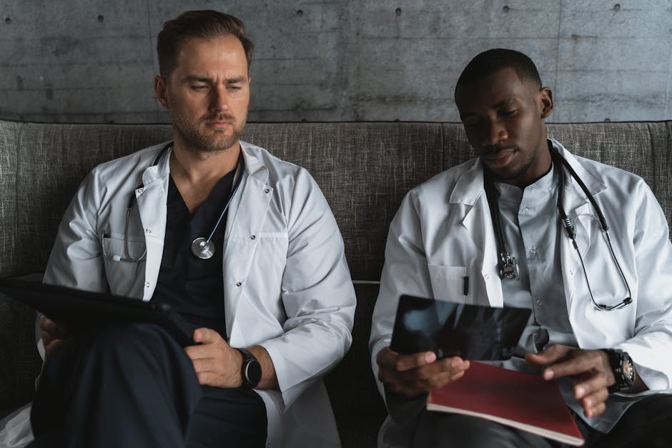 Two doctors analyze X-ray films in a medical office for diagnosis.